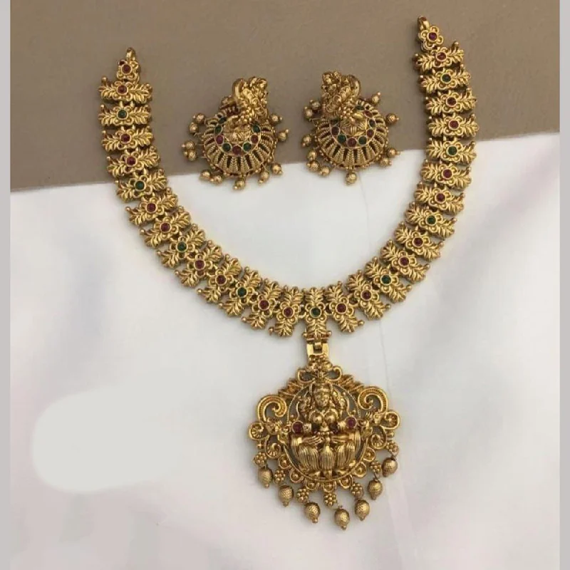 Luxury Gold Necklaces-FS Collections Gold Plated Pota Stone And Temple Necklace Set