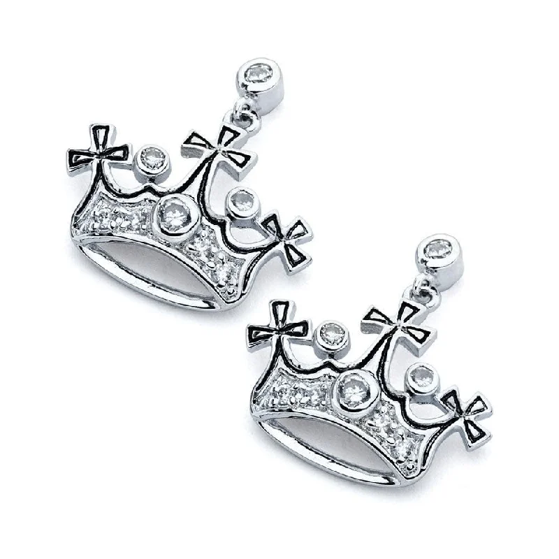 Classic Stud Earrings-Silver 925 Rhodium Plated Crown CZ Inlay Dangling Stud Earrings - BGE00362