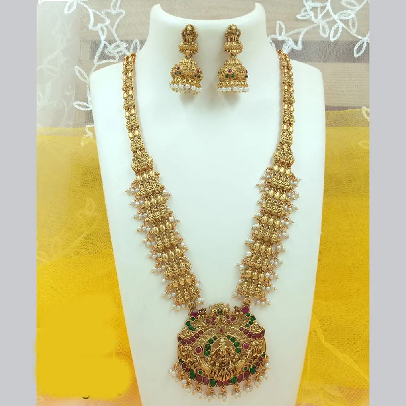 Simple Choker Necklaces-FS Collection Gold Plated Pota Stone And Pearl Temple Long Necklace Set