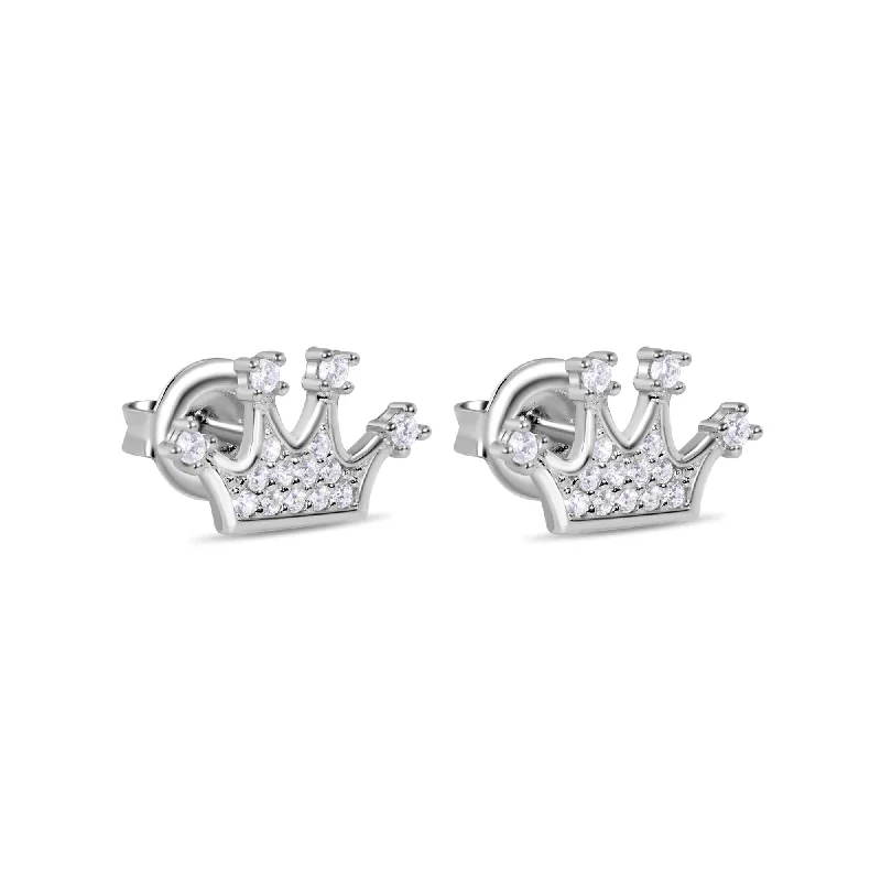 Personalized Stud Earrings-Rhodium Plated 925 Sterling Silver CZ Crown Stud Earrings - GME00121