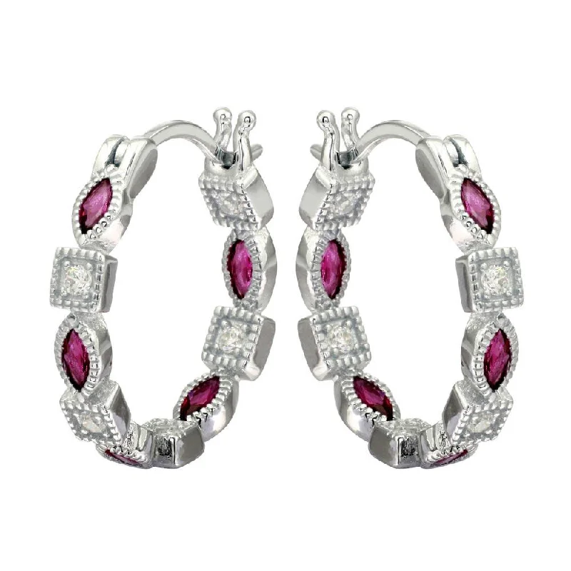 Gold Gemstone Earrings-Rhodium Plated 925 Sterling Silver Inner and Outer Red Clear CZ Hoop Earrings - STE01122RED