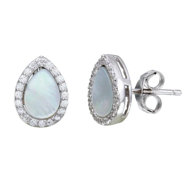 Sparkling Hoop Earrings-Rhodium Plated 925 Sterling Silver Teardrop Shaped Opal Stud Earrings with Clear CZ Stones - STE01118CLR