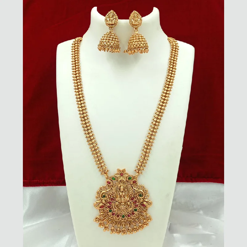 Elegant Pearl Necklaces-Joyful Jewel Art Matte Gold Plated Pota Stone Temple Long Necklace Set