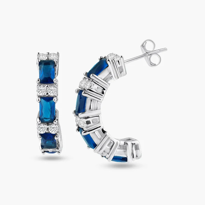 Classic Drop Earrings-Silver 925 Rhodium Plated Crescent Blue Baguette CZ huggie hoop Earrings - STE00612