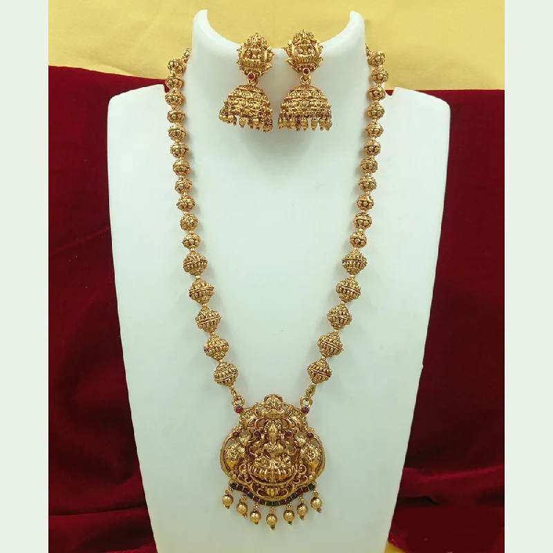 Artistic Silver Necklaces-Joyful Jewel Art Matte Gold Plated Pota Stone Temple Long Necklace Set