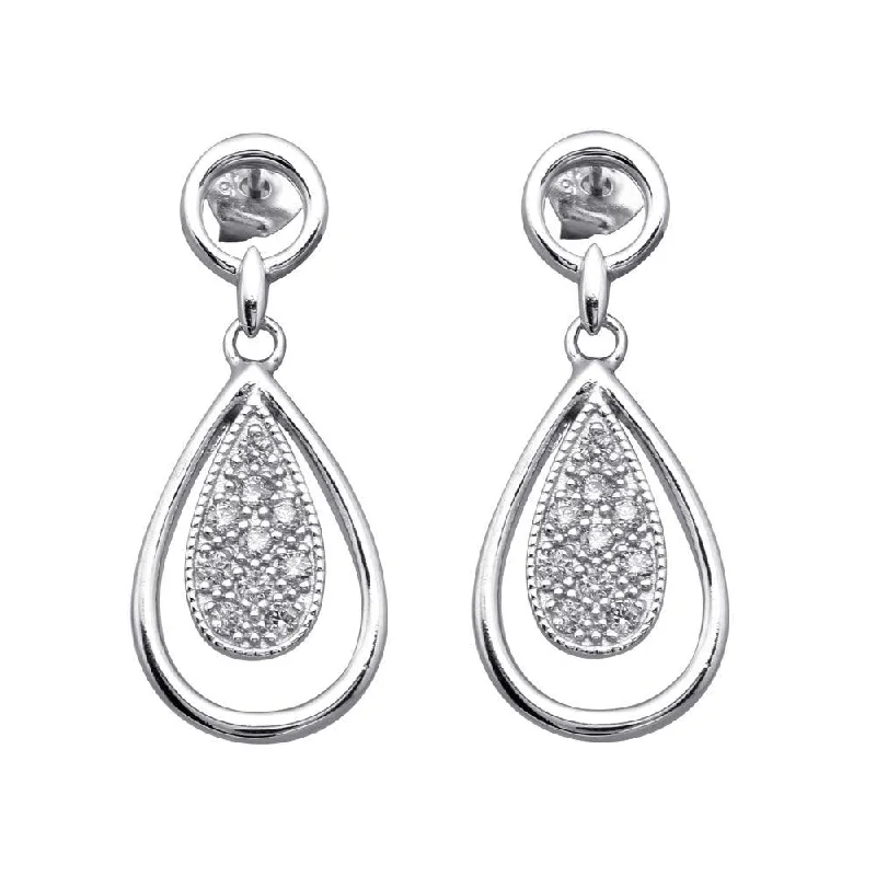 Sparkling Crystal Earrings-Silver 925 Rhodium Plated Open Teardrop Clear CZ Dangling Stud Earrings - BGE00043