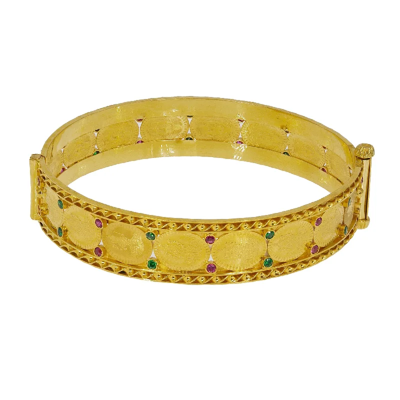 Bangles for Bridesmaids-22K Yellow Gold Laxmi Kasu Bangle W/ Rubies, Emeralds & Twisted Trim