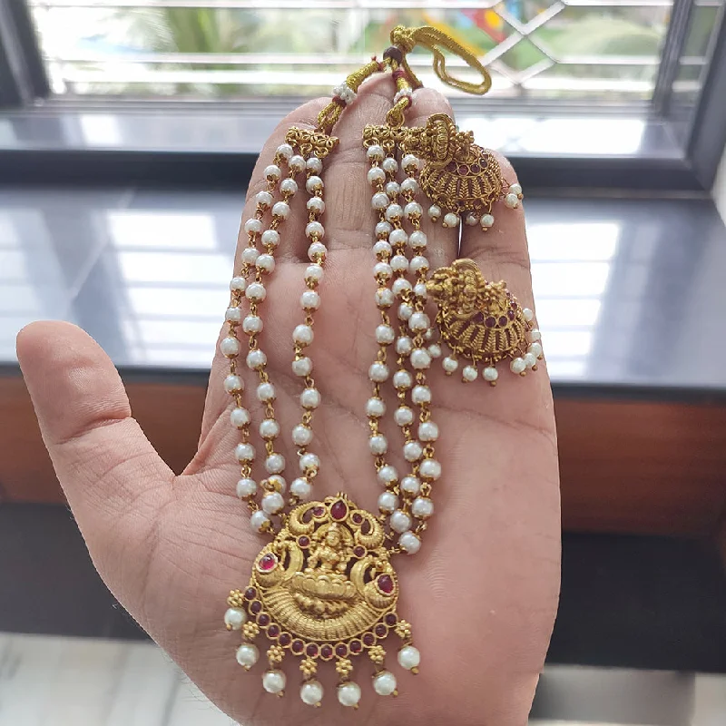 Luxury Crystal Pendant Necklaces-Joyful Jewel Art Matte Gold Plated Pota Stone And Pearls Temple Necklace Set