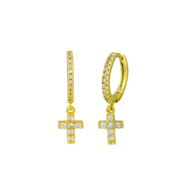 Tassel Earrings-Gold Plated 925 Sterling Silver Dangling Cross CZ huggie hoop Earring - STE01211GP