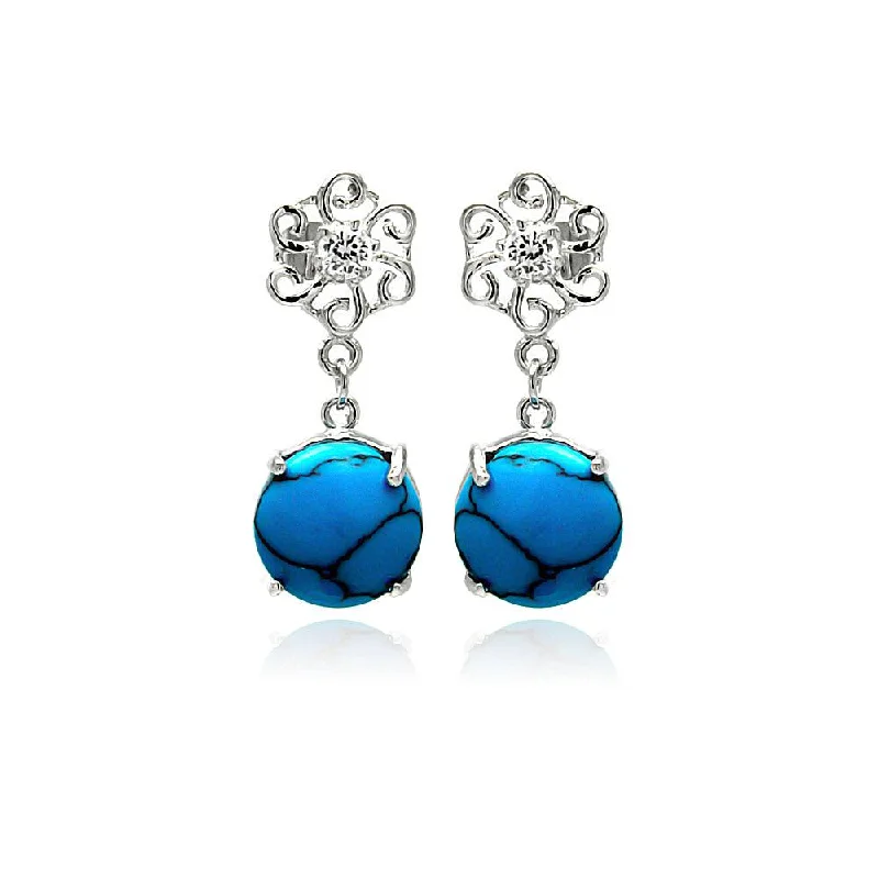 Silver Diamond Earrings-Silver 925 Rhodium Plated Turquoise Clear CZ Flower Dangling Stud Earrings - BGE00260