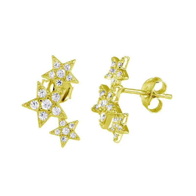 Handcrafted Silver Earrings-Gold Plated 925 Sterling Silver Three Star Stud Earrings - BGE00573GP