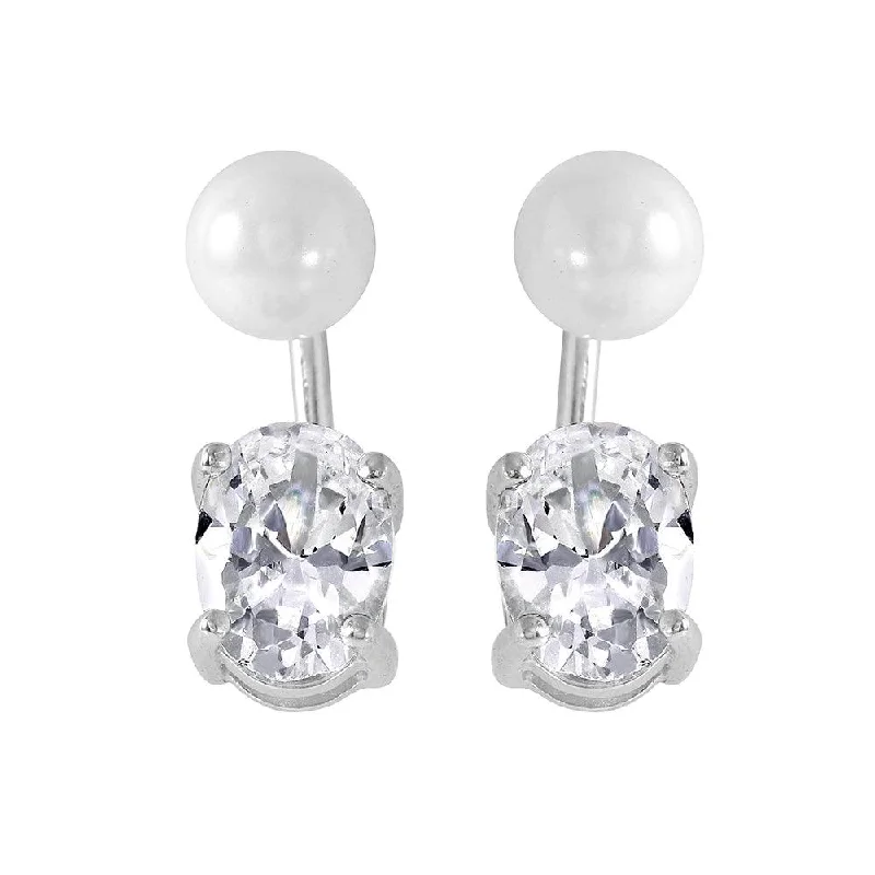 Personalized Drop Earrings-Silver 925 Rhodium Plated Synthetic Pearl Oval CZ Earrings - STE00991