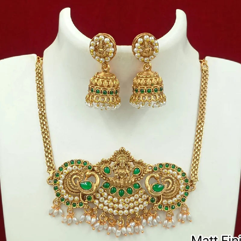 Custom Name Necklaces-FS Collection Gold Plated Kundan Stone And Pearls Temple Necklace Set