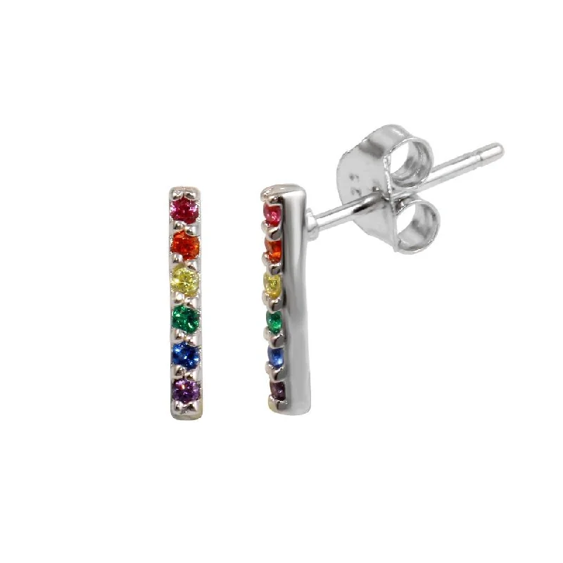 Premium Silver Earrings-Rhodium Plated 925 Sterling Silver Rainbow Bar Stud Earrings - BGE00609