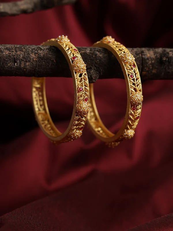 Customizable Wedding Bangles Sets-Set Of 2 Gold-Plated Ruby Studded Leaf Pattern Bangles