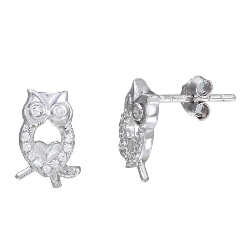 Wedding Jewelry Earrings-Rhodium Plated 925 Sterling Silver Owl CZ Stud Earrings - STE01104