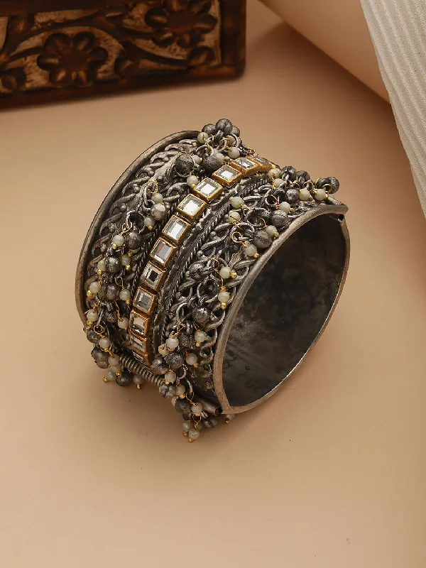 Dainty Silver Bangles-Silver-Plated Oxidised Kundan Studded & Pearl Beaded Bangle-Style Bracelet