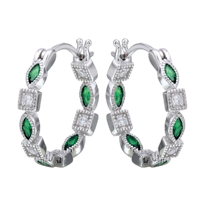 Minimalist Earrings-Rhodium Plated 925 Sterling Silver Inner and Outer Green Clear CZ Hoop Earrings - STE01122GRN