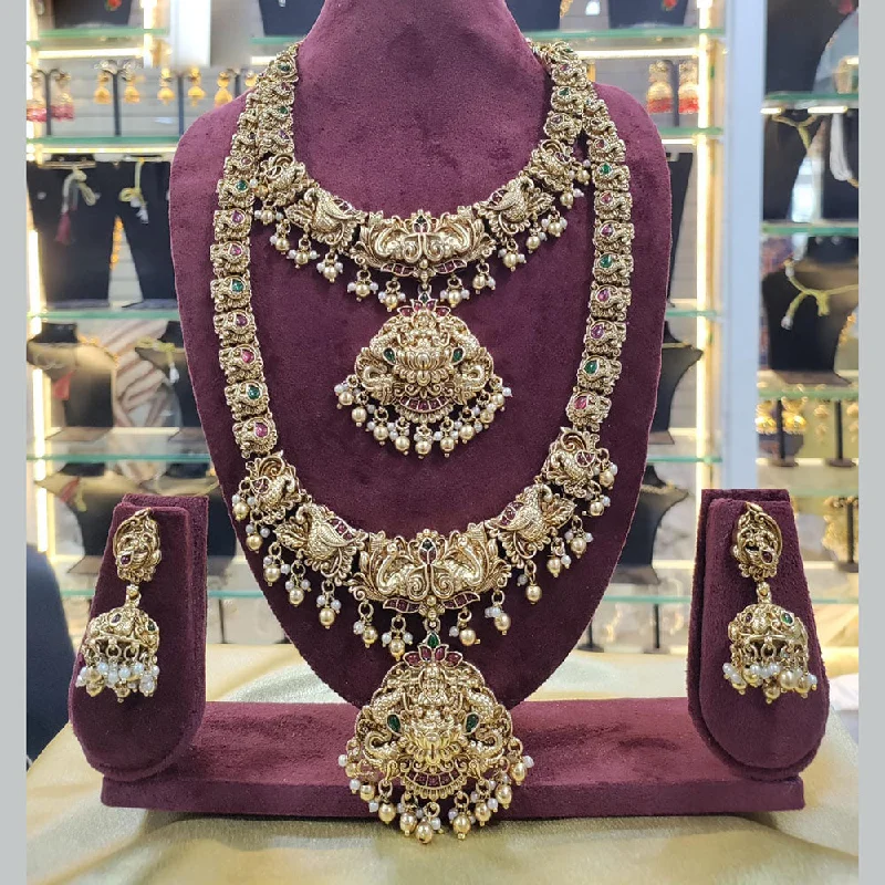 Luxury Gold Pendant Necklaces-Manisha Jewellery Gold Plated Pota Stone And Pearls Temple Double Necklace Set