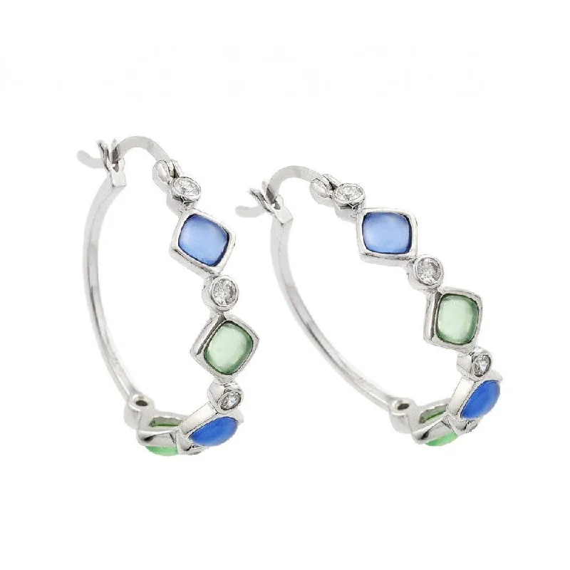 Artistic Pearl Earrings-Clearance-Silver 925 Rhodium Plated Square Multicolor CZ Round Hoop Earrings - STE00706