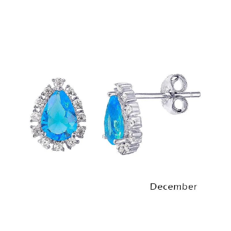 Handmade Earrings-Rhodium Plated 925 Sterling Silver Teardrop Halo CZ Birthstone Earrings December - STE01027-DEC