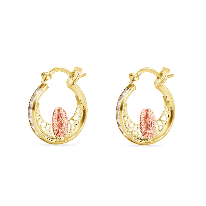 Tassel Earrings-14E00456. - 14 Karat Yellow Gold 17.8mm Two Tone Hoop Studded Clear CZ Our Lady of Guadalupe Latch Box Earrings