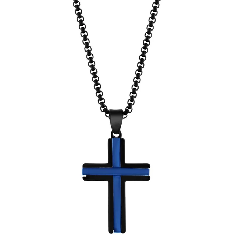 Handmade Gold Necklaces-Men's Necklace - Stainless Steel Black and Blue Plated 24 inch Cross | SL-7125