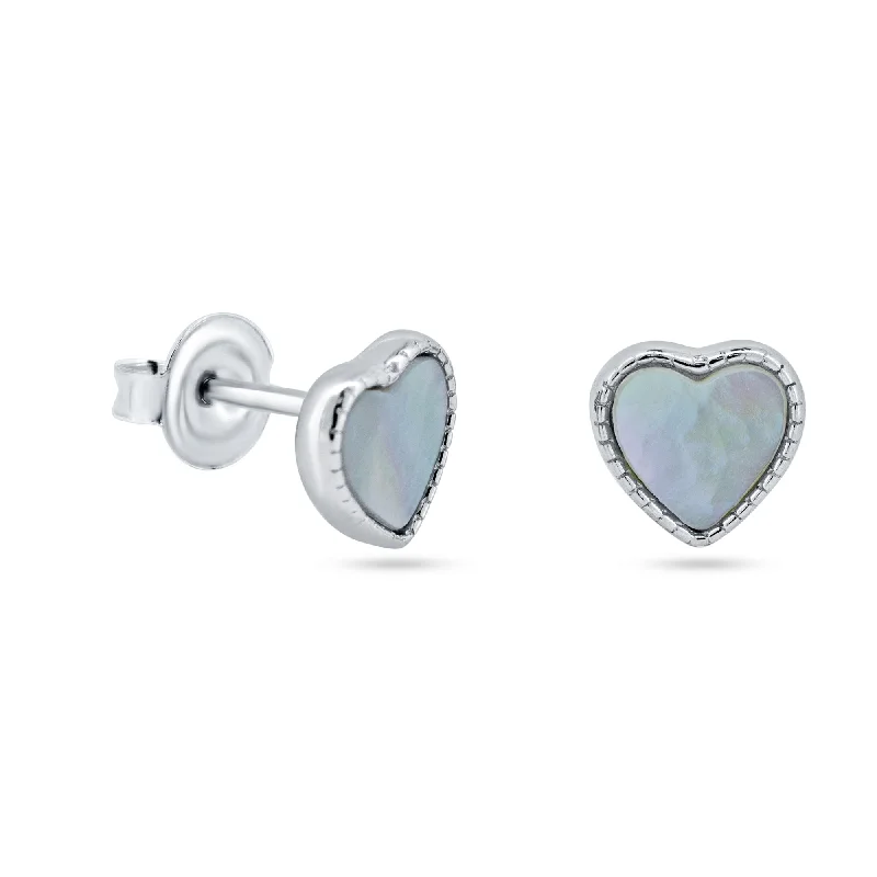 Trendy Pearl Earrings-Rhodium Plated 925 Sterling Silver MOP Heart Stud Earrings - STE01364