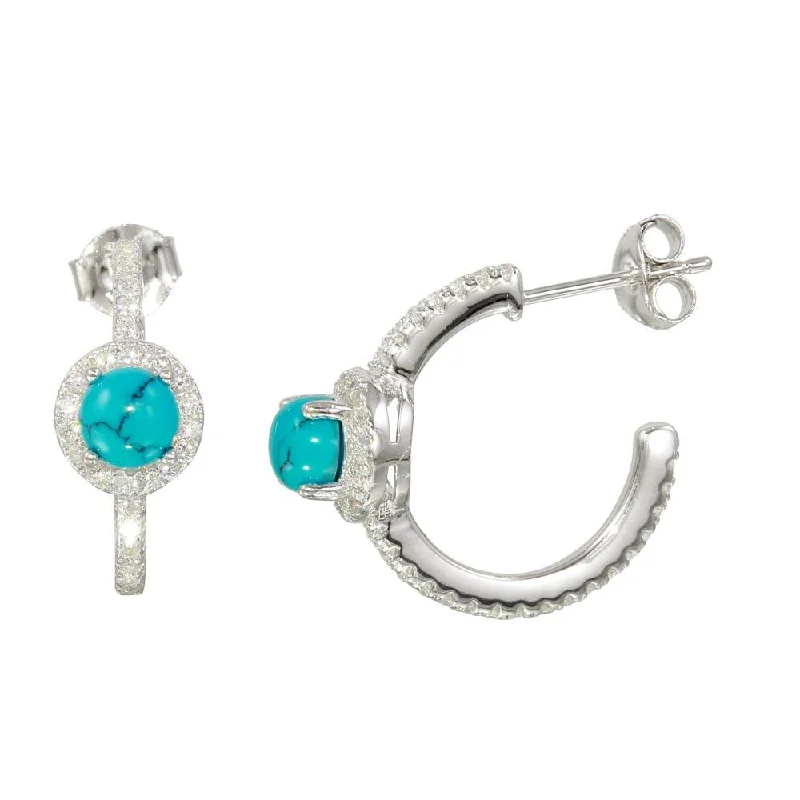 Simple Stud Earrings-Rhodium Plated  925 Sterling Silver Semi-Hoop CZ Earrings with CZ and Aqua Stone - BGE00569AQ