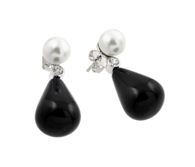 Lightweight Earrings for Women-Silver 925 Rhodium Plated Black Synthetic Pearl Small Round CZ Stud Earrings - BGE00346