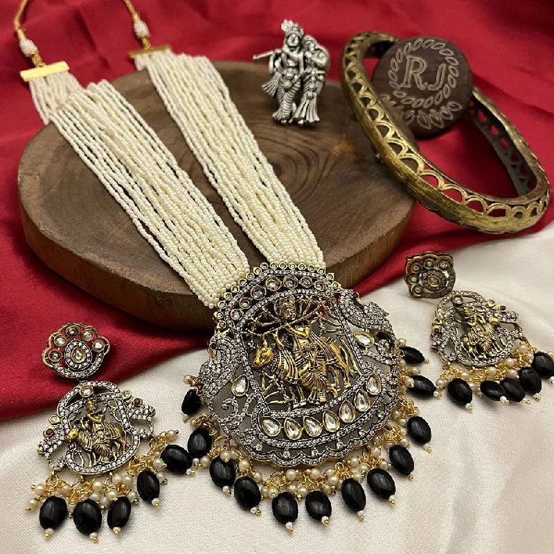 Luxury Diamond Necklaces-FS Collection Gold Plated Kundan Stone And Pearls Temple Necklace Set