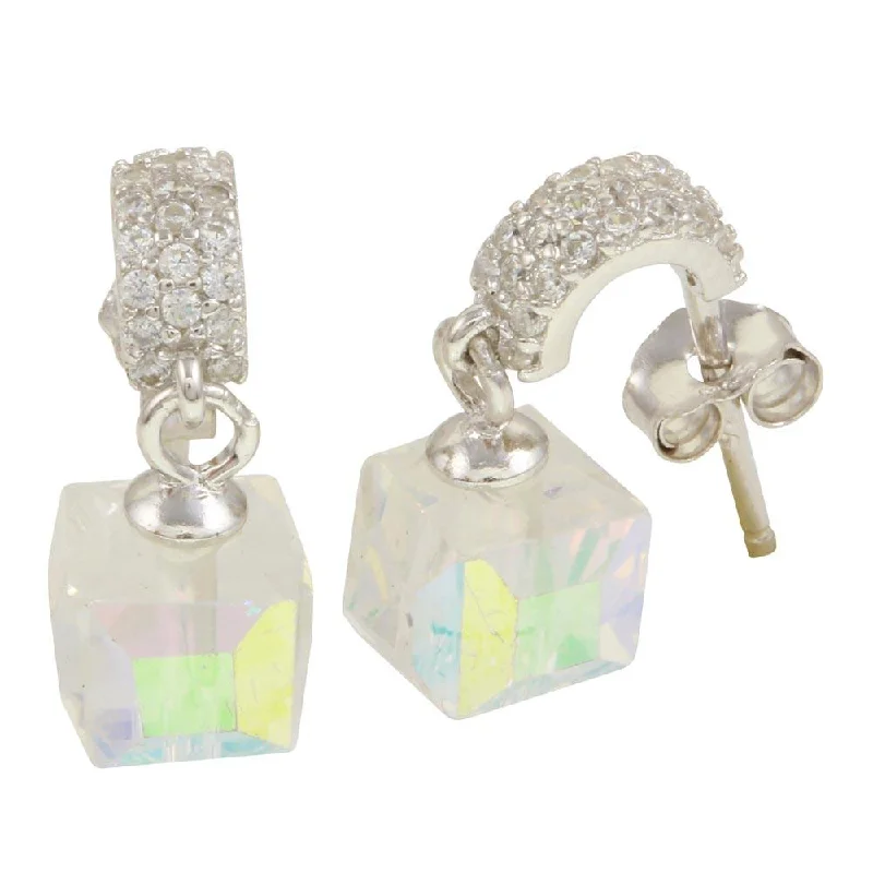 Unique Silver Stud Earrings-Rhodium Plated 925 Sterling Silver Semi huggie hoop Earrings with Dangling Cube - STE01090