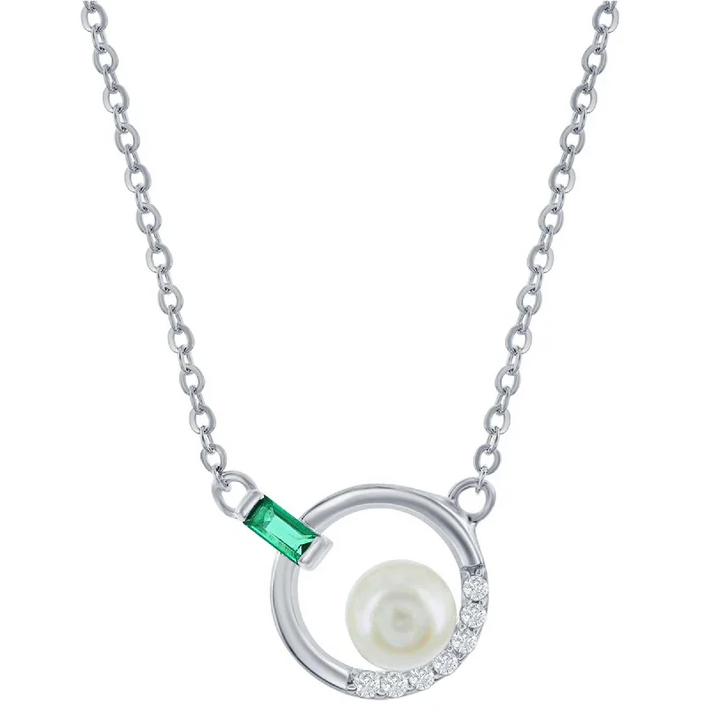 Fashionable Name Necklaces-Classic Women's Necklace - Silver Emerald Baguette CZ Round Circle and FWP | M-6873