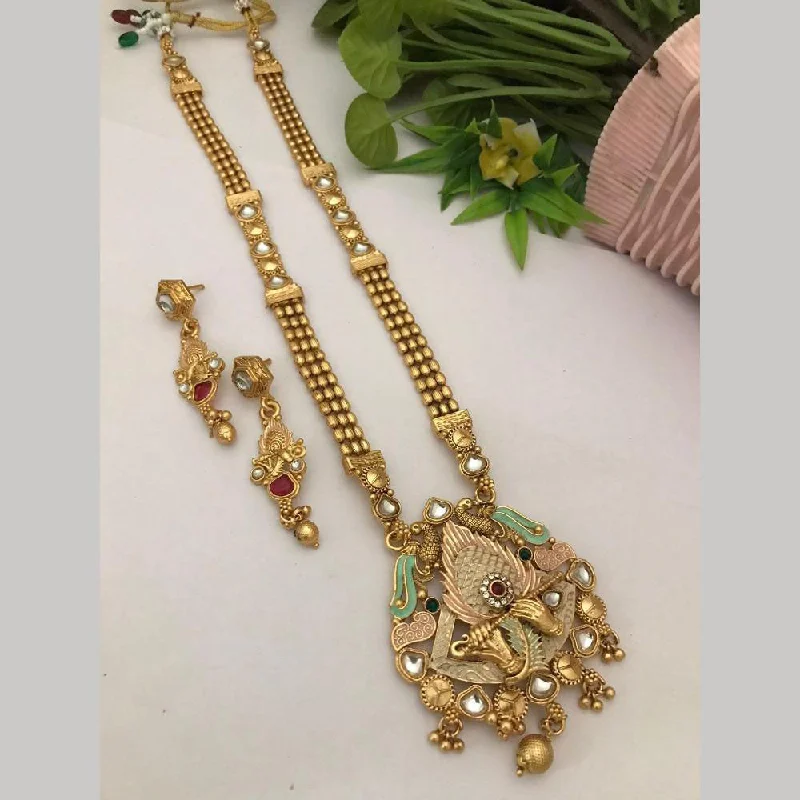 Fine Gemstone Necklaces-FS Collection Gold Plated Pota Stone Meenakari Temple Long Necklace Set