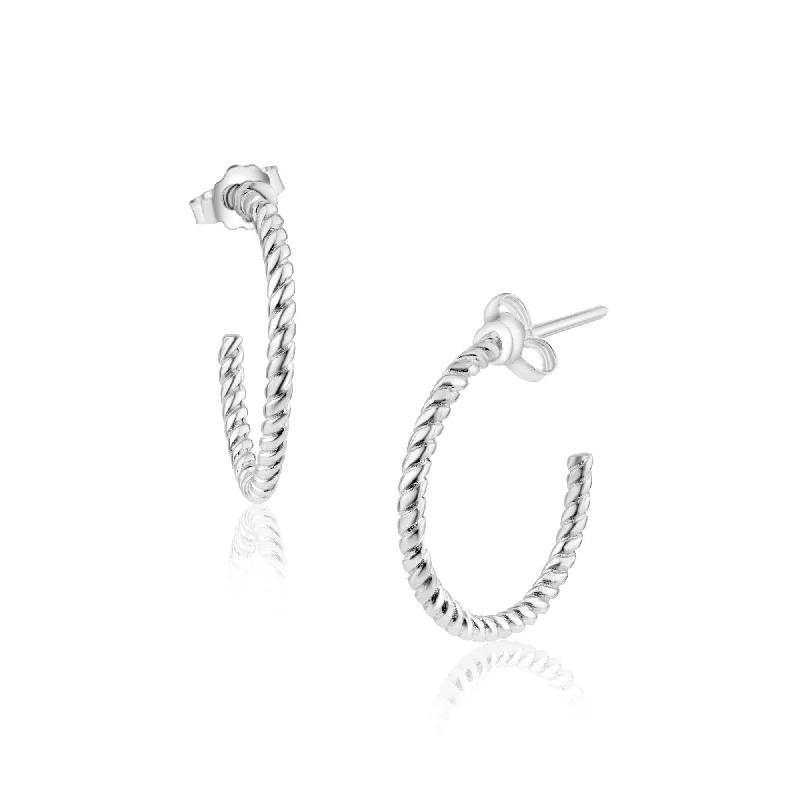 Large Silver Hoop Earrings-Rhodium Plated 925 Sterling Silver Rope Design Semi Hoop Earring 20mm - STE01347