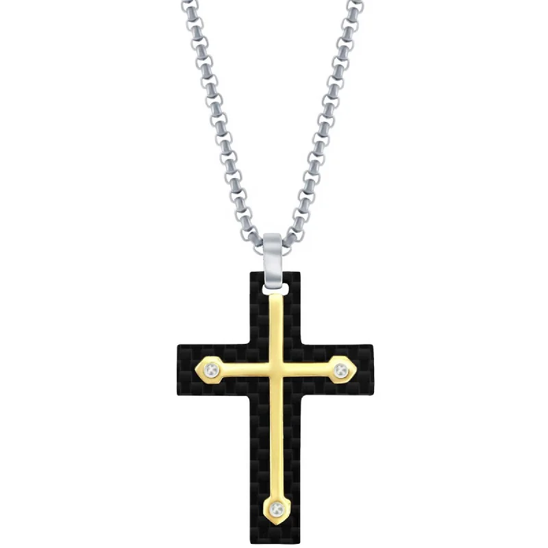 Luxury Name Necklaces-Men's Necklace - Stainless Steel Black Carbon Fiber and Gold Cross | SL-7111