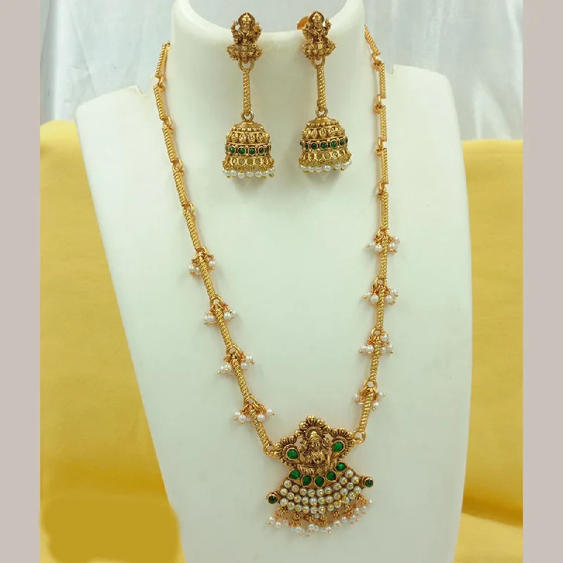 Luxury Diamond Necklaces for Weddings-FS Collection Gold Plated Pearls Temple Long Necklace Set