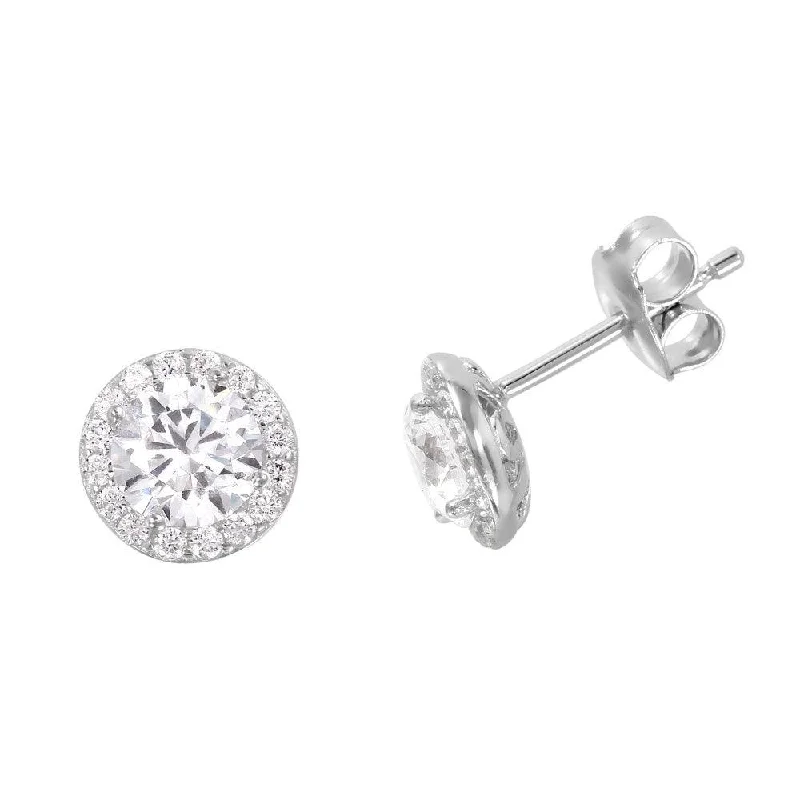 Handmade Gemstone Earrings-Silver 925 Rhodium Plated CZ Halo Stud Earrings GME00010RH