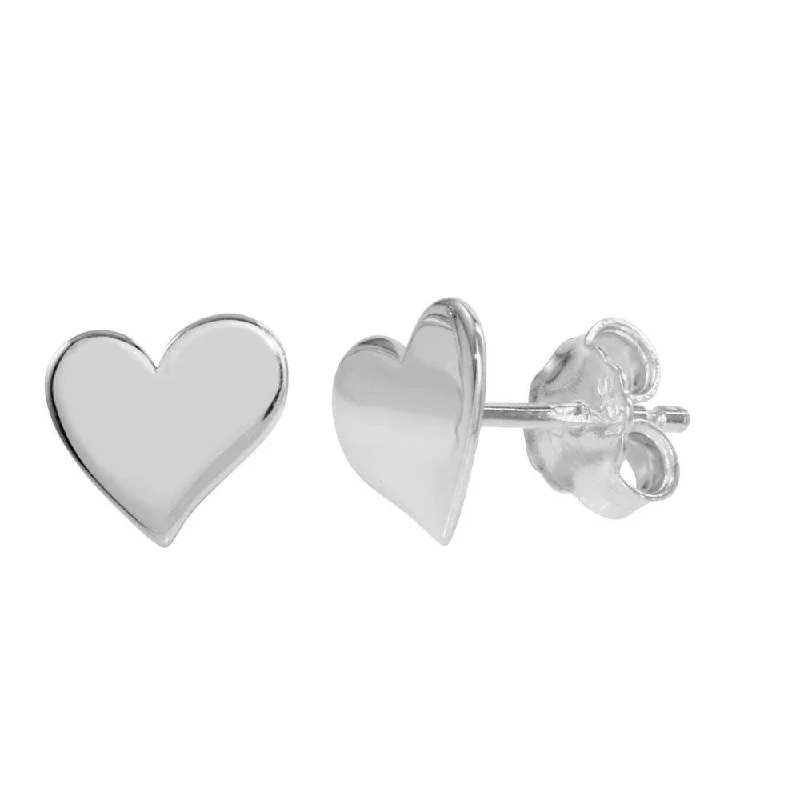 Fine Jewelry Earrings-Rhodium Plated 925 Sterling Silver Flat Heart Stud Earrings - SOE00012