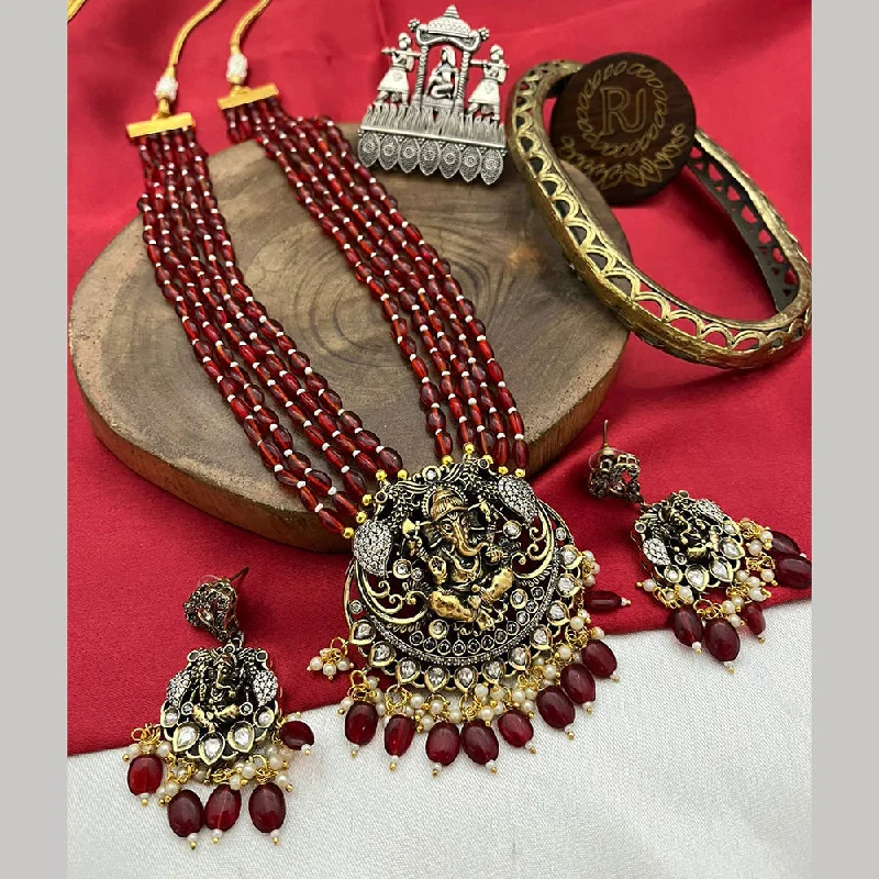 Vintage Chain Necklaces-FS Collection 2 Tone Plated Austrian Stone And Beads Temple Long Necklace Set