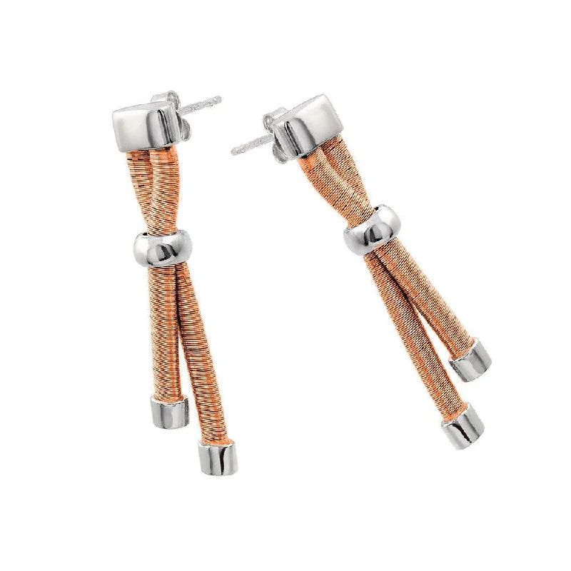 Artistic Stud Earrings-Silver 925 Rhodium and Rose Gold Plated Double Long Dangling Stud Earrings - ECE003RGP