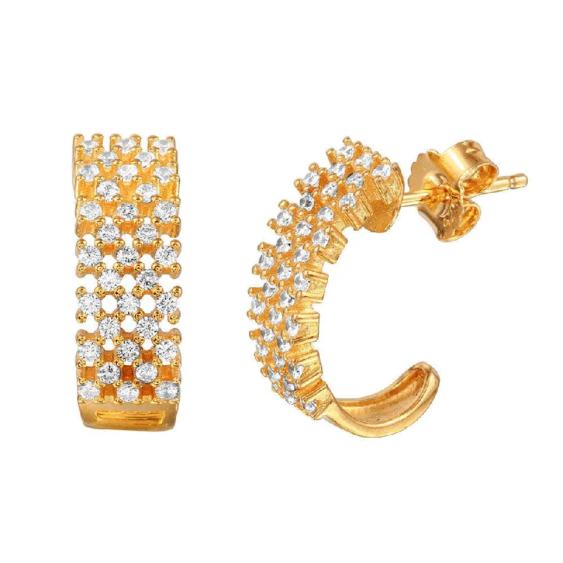 Artistic Drop Earrings-Silver 925 Gold Plated Checkered CZ Semi-huggie hoop Earrings - ACE00082GP