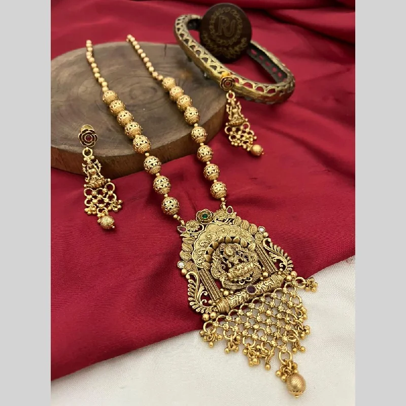 Beautiful Silver Necklace Chains-FS Collection Gold Plated Pota Stone And Pearls Temple Long Necklace Set