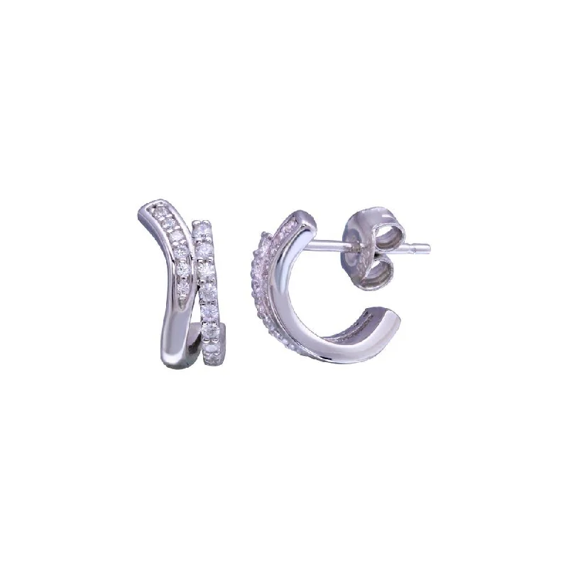 Ethnic Earrings for Women-Rhodium Plated 925 Sterling Silver 2 Line Wave Semi huggie hoop CZ Stud Earring - STE01276