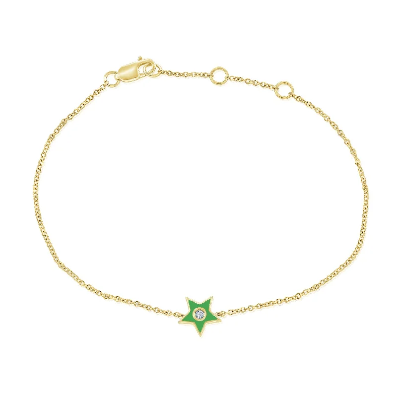 Beautiful Silver Chain Bracelets-Green Enamel & Diamond Star Bracelet made in 14Kt Gold