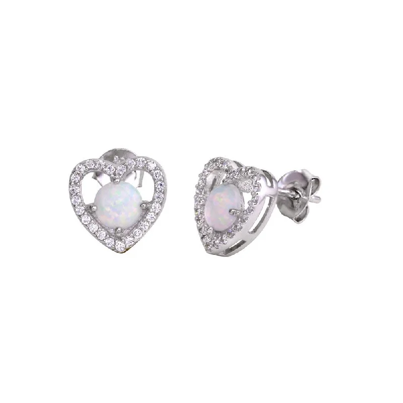 Sterling Silver Hoop Earrings-Rhodium Plated 925 Sterling Silver Open Heart Stud Earrings with CZ and Synthetic Opals - BGE00588