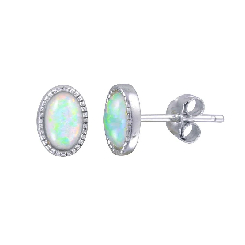 Large Pearl Earrings-Rhodium Plated 925 Sterling Silver Oval Synthetic Opal Stud Earrings - STE01187