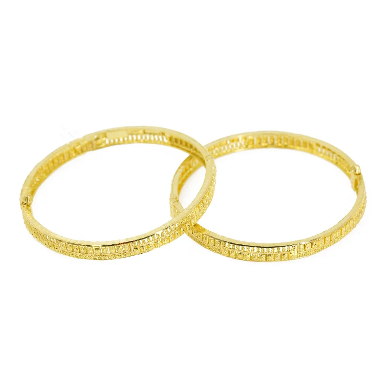 Silver and Gold Bangles-22K Yellow Gold Bangles Set of 2 W/ Openable Screw & Textured Pattern of Gold Balls