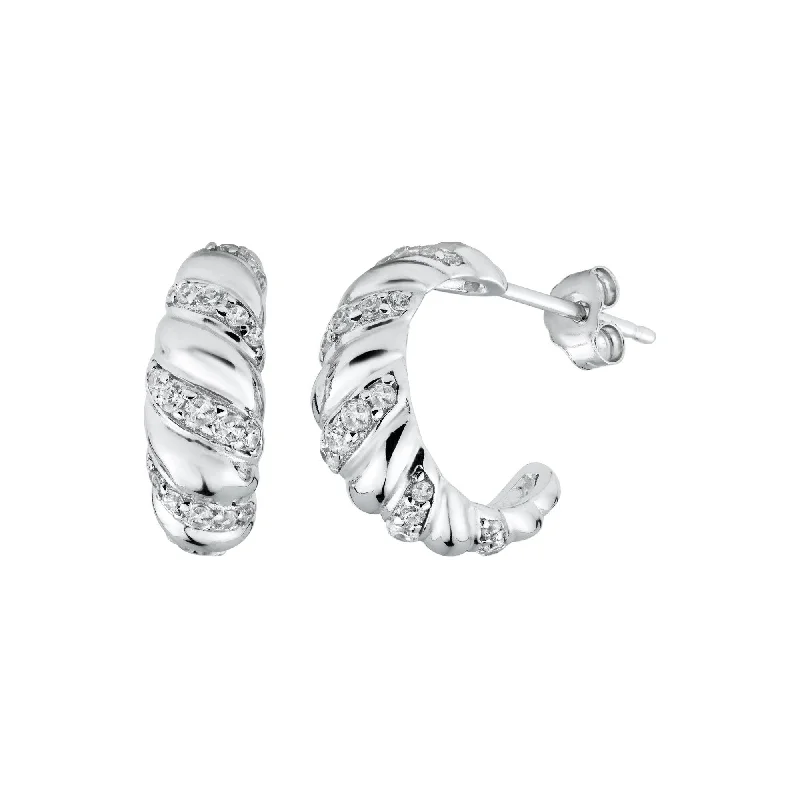 Crystal Hoop Earrings-Rhodium Plated 925 Sterling Silver Semi Hoop Braid Design CZ Earring - STE01327