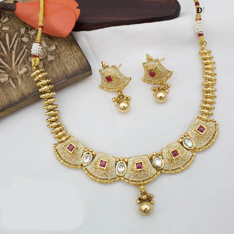 Beautiful Heart Pendant Necklaces-JCM Gold Plated Pota Stone Meenakari Necklace Set